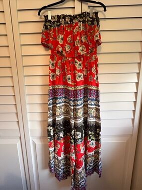 Floral Strapless Wide Leg  Romper in Red